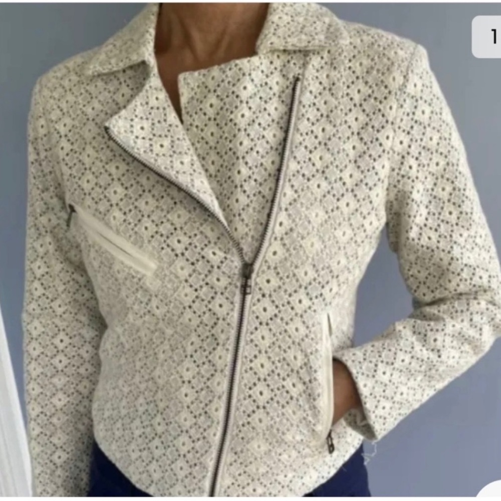 Anthropologie Cream Eyelet Lace Zip Front Blazer Jacket